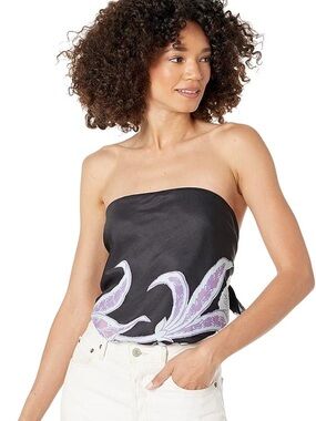 Free People Spellbound Black Strapless Floral Silk Thong Bodysuit NWT Sz S